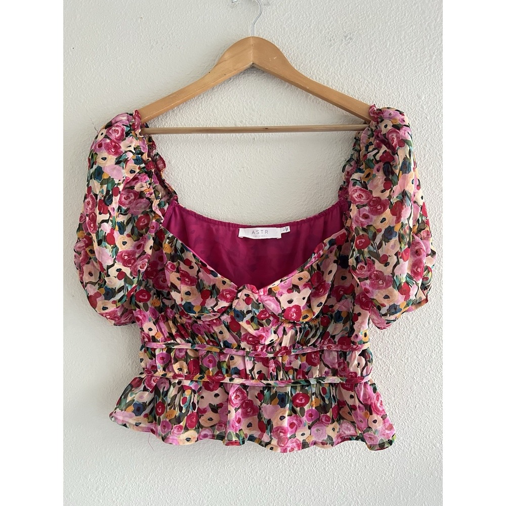 ASTR The Label Nayeli Pink Floral Puff Sleeve Top Corset Women's L Bloom Boho